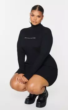 PrettyLittleThing Plus Черное трикотажное облегающее платье в рубчик