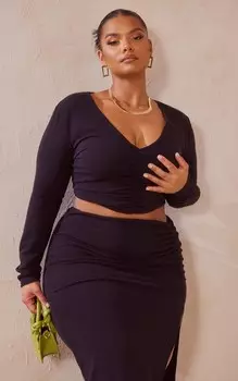 PrettyLittleThing Плюс черный топ с длинными рукавами и сборками спереди