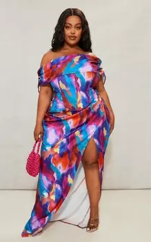 PrettyLittleThing Плюс длинная юбка со сборками по бокам и разноцветным принтом
