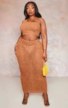 PrettyLittleThing Плюс коричневая трикотажная юбка-миди с потертостями