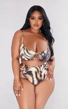 PrettyLittleThing Плюс Коричневый бикини-топ с леопардовым принтом и завязкой спереди