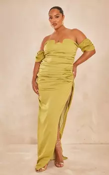 PrettyLittleThing Плюс оливковое текстурированное платье макси на косточках со сборками и завязками на косточках