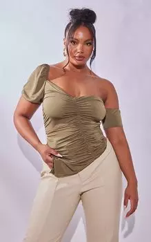 PrettyLittleThing Плюс Оливковый длинный облегающий топ со сборками