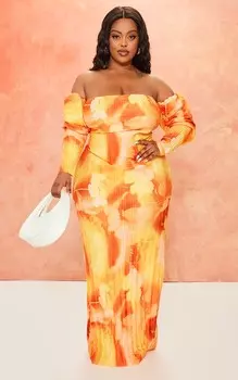 PrettyLittleThing Плюс Оранжевое платье миди с цветочным принтом и плиссировкой с пышными рукавами