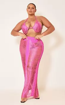 PrettyLittleThing Плюс ярко-розовая длинная юбка с бахромой