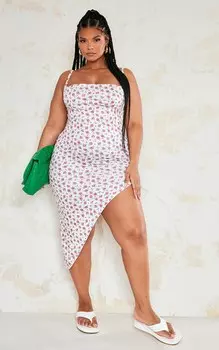 PrettyLittleThing Плюс розовое платье-миди с асимметричным подолом и шнуровкой на спине с цветочным принтом