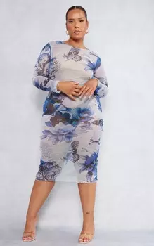 PrettyLittleThing Плюс синее сетчатое платье-миди с принтом