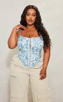 PrettyLittleThing Плюс синий корсет с крючками и глазами с мраморным принтом