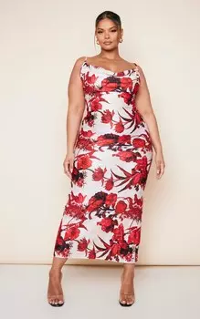 PrettyLittleThing Плюс телесное платье макси с плиссированными бретелями и цветочным принтом