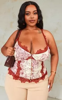 PrettyLittleThing Плюс Темно-красный топ с кружевной отделкой с принтом