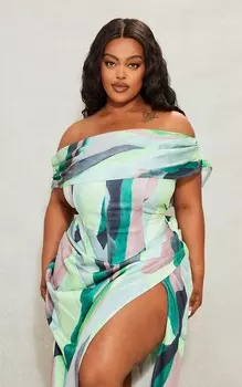 PrettyLittleThing Плюс зеленый асимметричный корсет-бардо с принтом