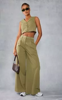 PrettyLittleThing Приталенные широкие брюки цвета хаки с тканым поясом и контрастным поясом