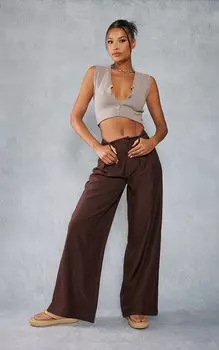 PrettyLittleThing Приталенные широкие брюки из льняной ткани шоколадно-коричневого цвета с высокой талией