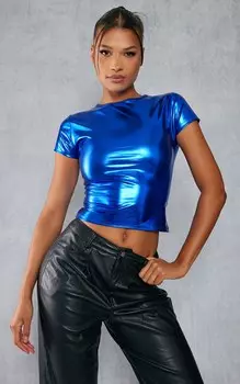 PrettyLittleThing Приталенный топ с короткими рукавами и металлизированным оттенком кобальтового цвета