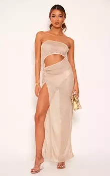 PrettyLittleThing Прозрачное вязаное платье-бандо золотистого цвета с вырезами-бандо