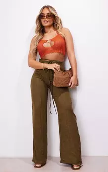 PrettyLittleThing Прямые эластичные брюки цвета хаки со льняным эффектом