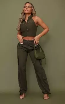 PrettyLittleThing Прямые брюки карго цвета хаки с завязками на манжетах