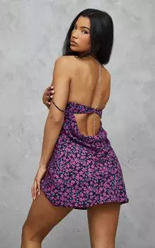 PrettyLittleThing Пурпурное платье прямого кроя с драпировкой и цветочным принтом на косточках