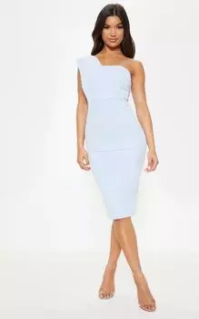 PrettyLittleThing Пыльно-синее драпированное платье миди на одно плечо