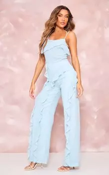 PrettyLittleThing Пыльно-синий комбинезон из прозрачного шифона с оборками и бретелями