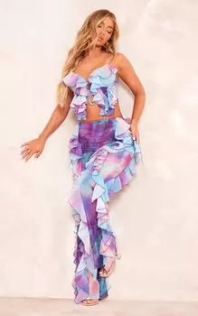 PrettyLittleThing Расклешенные брюки из прозрачного шифона цвета морской волны с рюшами и многоярусными рюшами