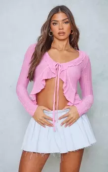 PrettyLittleThing Розовая фактурная трикотажная рубашка с завязками с рюшами