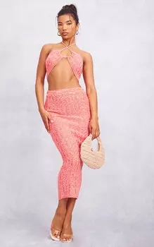 PrettyLittleThing Розовая трикотажная длинная юбка с лестницей Space Dye