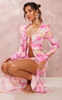 PrettyLittleThing Розовая воздушная блузка из текстурированного шифона с абстрактным цветочным принтом и завязкой спереди