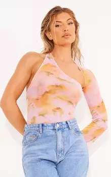 PrettyLittleThing Розовое асимметричное боди из сетки с принтом на одно плечо