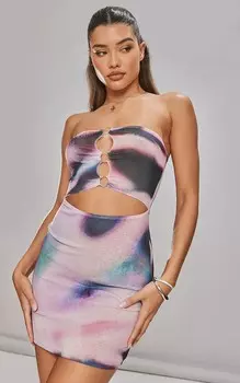 PrettyLittleThing Розовое облегающее платье-бандо из выгоревшей сетки с абстрактным принтом и кольцом
