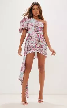 PrettyLittleThing Розовое облегающее платье с драпировкой на одно плечо и пышными рукавами с абстрактным цветочным принтом