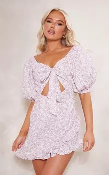 PrettyLittleThing Розовое облегающее платье с пышными рукавами и завязкой спереди с цветочным принтом