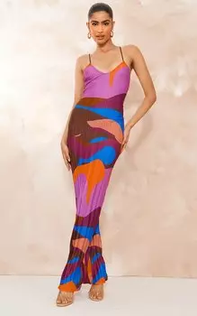PrettyLittleThing Розовое платье макси с плиссированной нижней частью спины и бретелями с абстрактным принтом