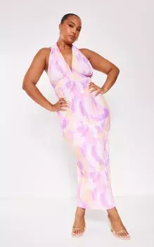 PrettyLittleThing Розовое платье макси с плиссировкой и глубоким вырезом спереди с принтом