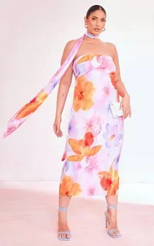 PrettyLittleThing Розовое плиссированное платье-миди с чокером и цветочным принтом Plus