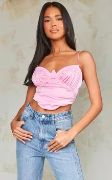 PrettyLittleThing Розовый атласный корсет с рюшами и бретельками Baby Pink
