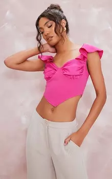 PrettyLittleThing Розовый атласный текстурированный корсет с чашками и оборками на рукавах