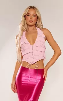 PrettyLittleThing Розовый длинный топ из шифона со сборками под проволокой на шнуровке с бретелькой на шее