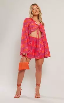 PrettyLittleThing Розовый комбинезон из шифона с абстрактной оборкой и завязками на груди с вырезами