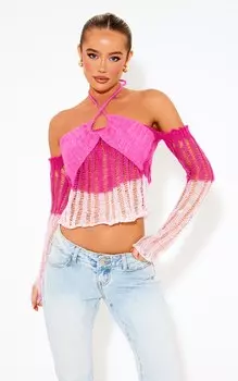 PrettyLittleThing Розовый контрастный трикотажный топ с рукавами