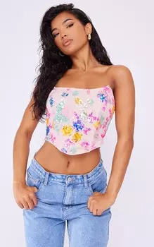 PrettyLittleThing Розовый корсет на косточке с цветочной аппликацией и отделкой