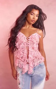 PrettyLittleThing Розовый прозрачный топ с рюшами и бретелями