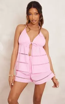 PrettyLittleThing Розовый тканый топ на бретельках с вышивкой и завязкой спереди