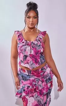 PrettyLittleThing Розовый топ с круглым вырезом и рюшами с цветочным принтом Plus