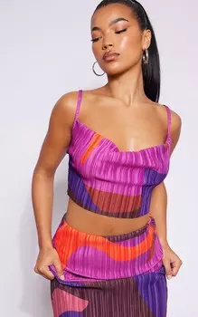 PrettyLittleThing Розовый топ с плиссированными бретелями и воротником-хомутом с принтом