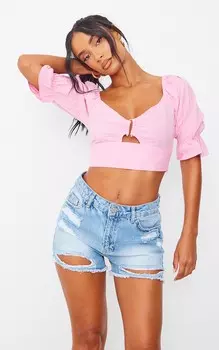 PrettyLittleThing Розовый укороченный топ из льняной ткани с пышными рукавами