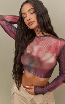 PrettyLittleThing Розовый укороченный топ с сетчатым принтом Petite