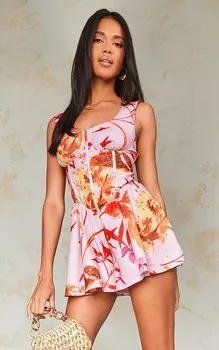 PrettyLittleThing Розовый воздушный комбинезон с корсетом и цветочным принтом