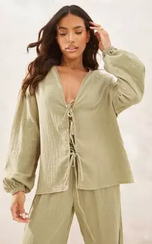 PrettyLittleThing Рубашка цвета хаки с текстурированной марлей и завязкой спереди Sage