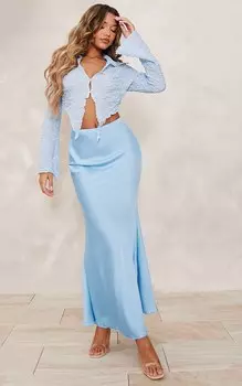 PrettyLittleThing Рубашка голубого цвета с фактурным краем и рукавами-флейтой